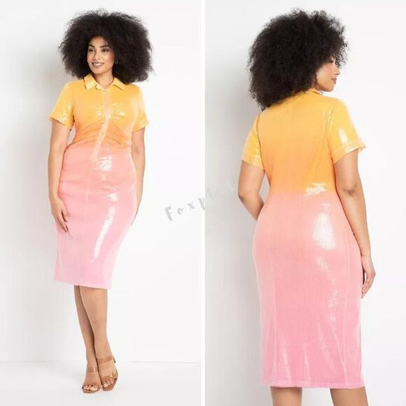 NEW Eloquii Ombre Sequin Midi Dress Orange Pink, size 22 - Picture 1 of 16